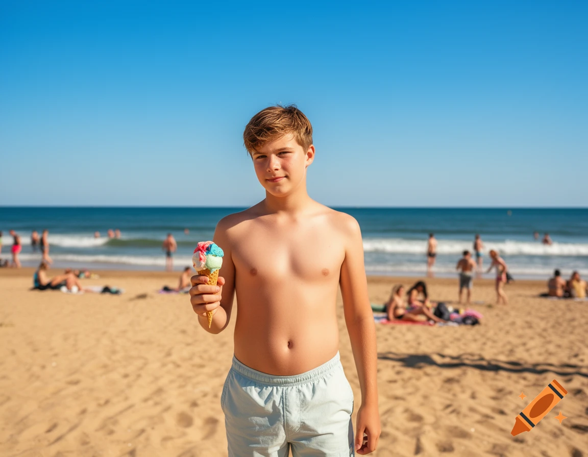 A young boy stands on a sunny beach, shirtless, holding a colorful ice cream cone, with blurred beachgoers and ocean in the background.