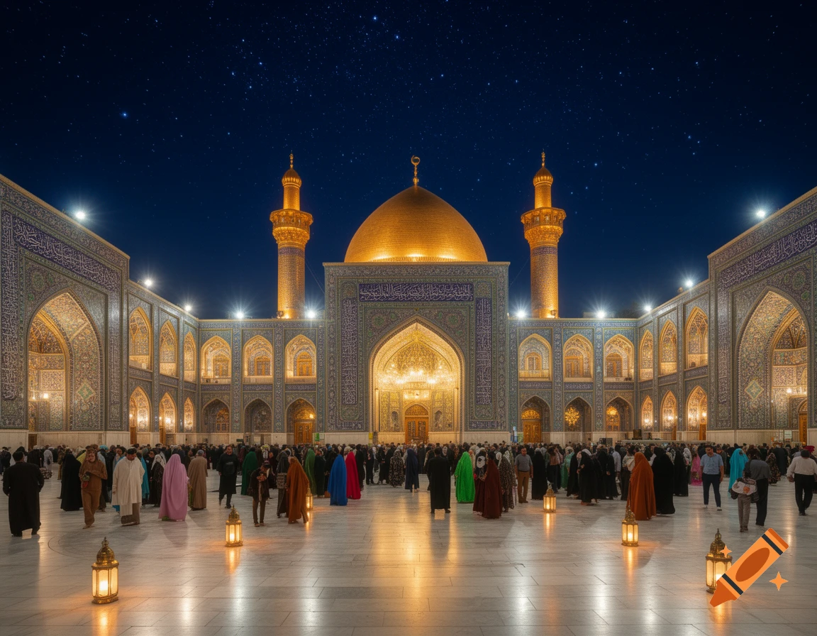 A photorealistic night view of a grand mosque with a golden dome and minarets, illuminated against a starry sky, with many people and glowing lanterns in the courtyard.