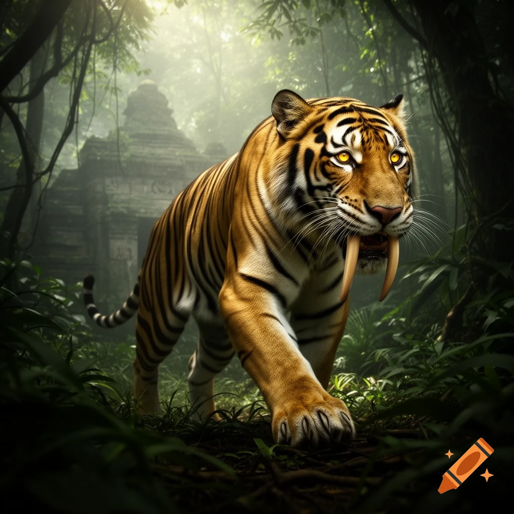 A photorealistic saber-toothed tiger-like creature with glowing eyes walks through a misty, overgrown jungle with ancient ruins in the background.