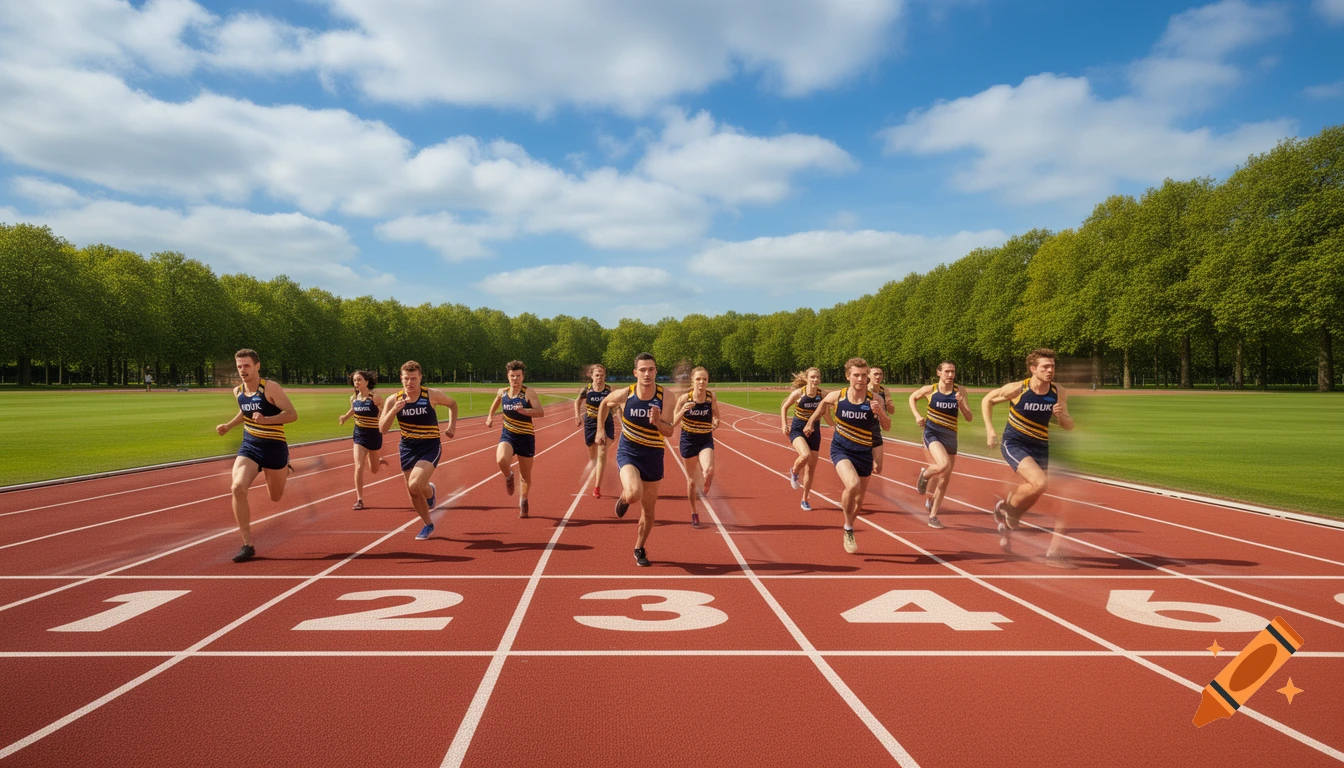 Runners on a red athletics track with lane numbers 1-6, bordered by a green field and trees under a blue, cloudy sky.