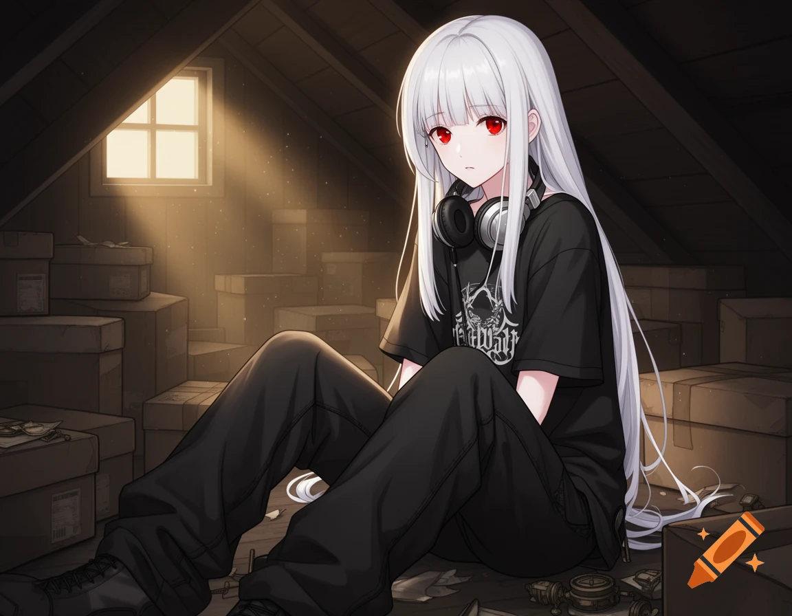 A pale anime girl with long white hair and red eyes, wearing a black t-shirt and baggy jeans, sits in a dusty attic among boxes, with headphones around her neck.