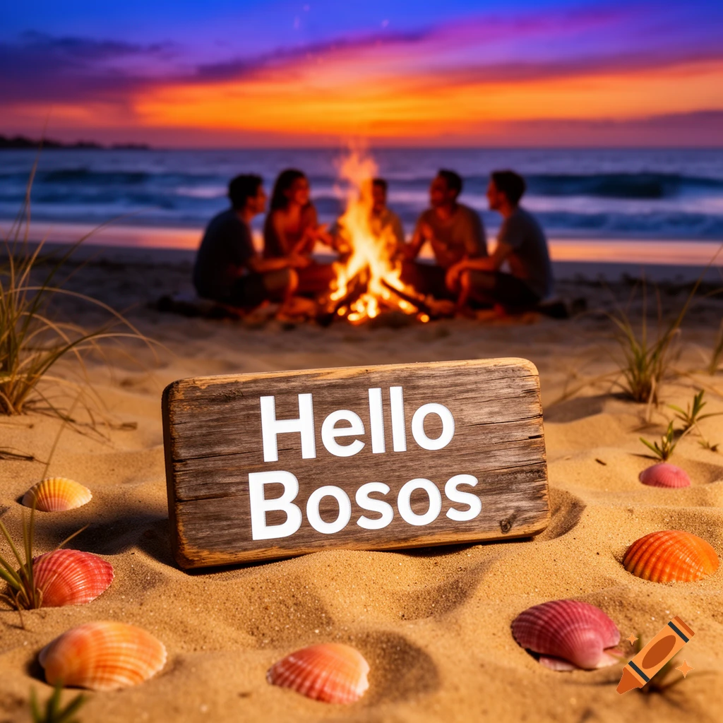 A wooden sign reading 'Hello Bosos' on a sandy beach with seashells, blurred friends by a campfire, and a colorful sunset.