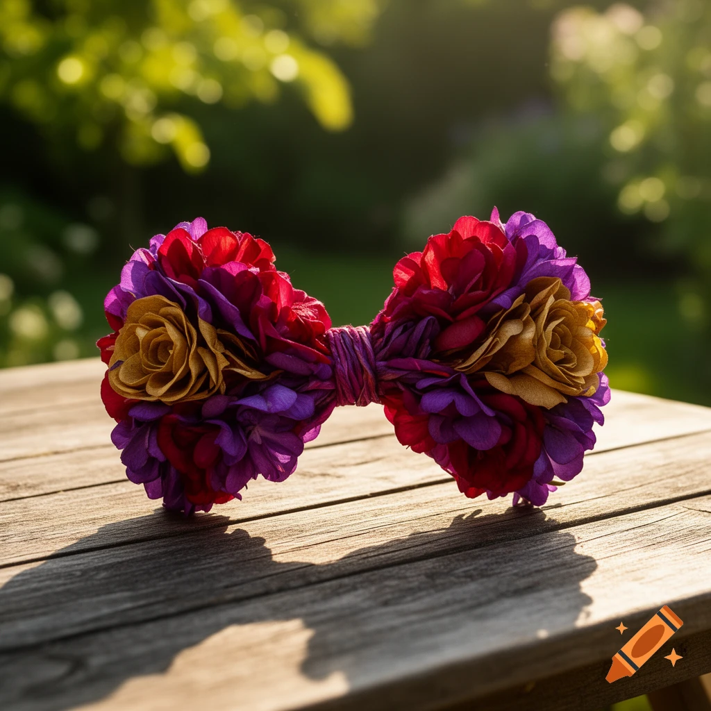 A vibrant bow made of red, purple, and gold flowers rests on a rustic wooden table outdoors, with a soft green background.