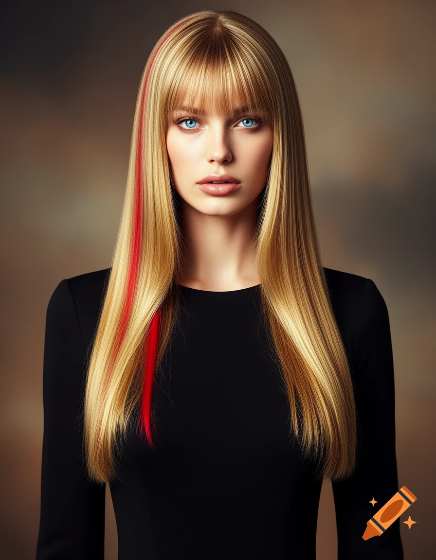 Photorealistic portrait of a young woman with long blonde hair, bangs, a single red streak, and blue eyes.