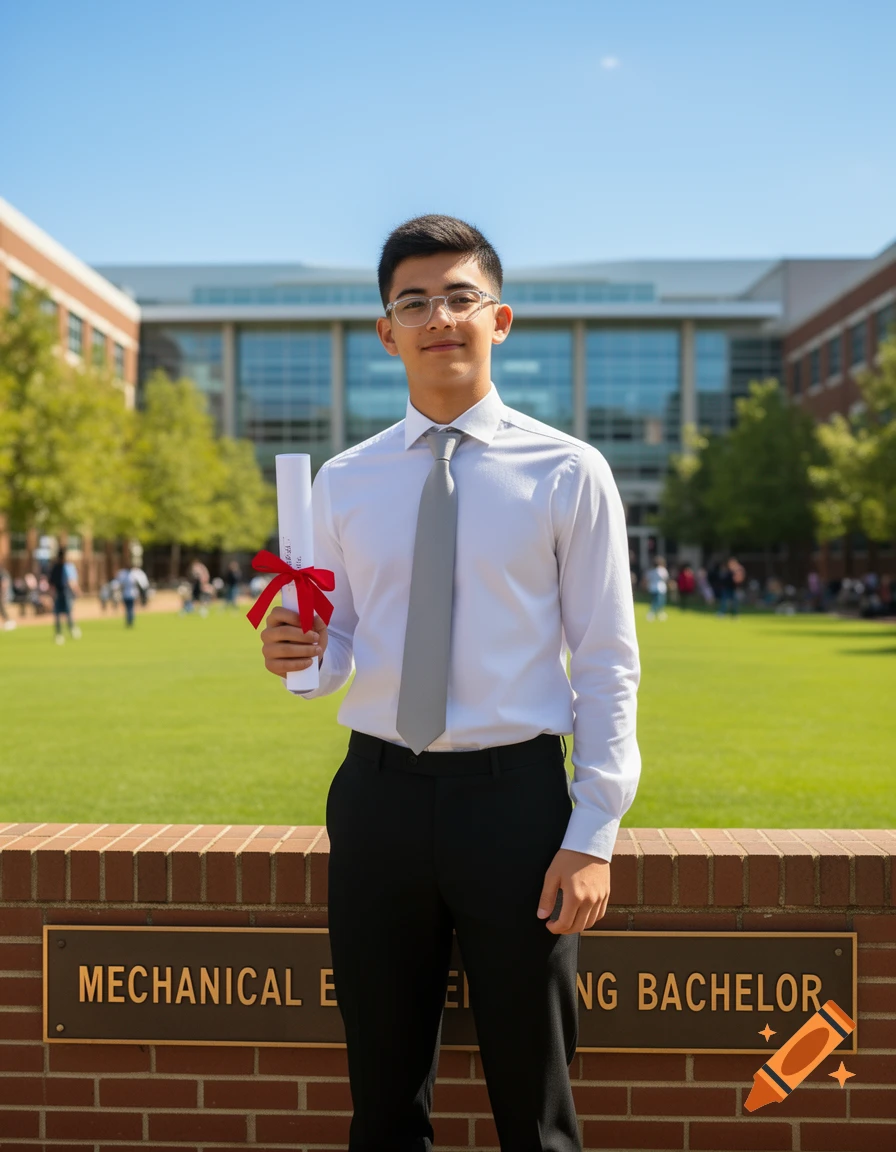 A young man in a white shirt and grey tie holding a diploma, standing in front of a university building on a sunny day.