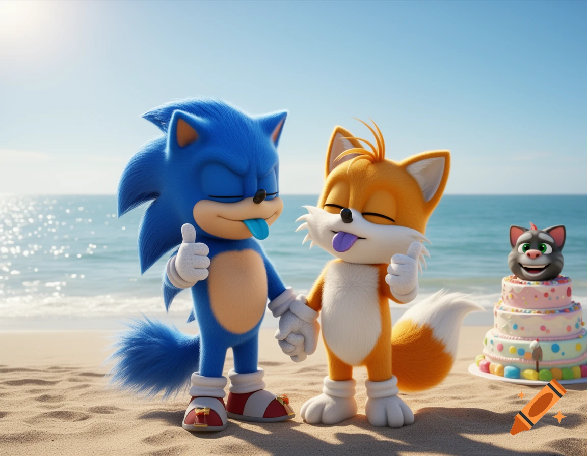 3D animated Sonic and Tails on a beach, eyes closed, tongues out, giving thumbs up next to a Talking Tom cake.