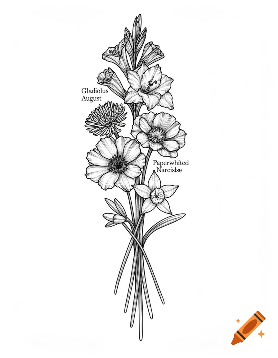 A black and white line art botanical illustration of a bouquet of Gladiolus and Narcissus flowers with text labels, against a white background.