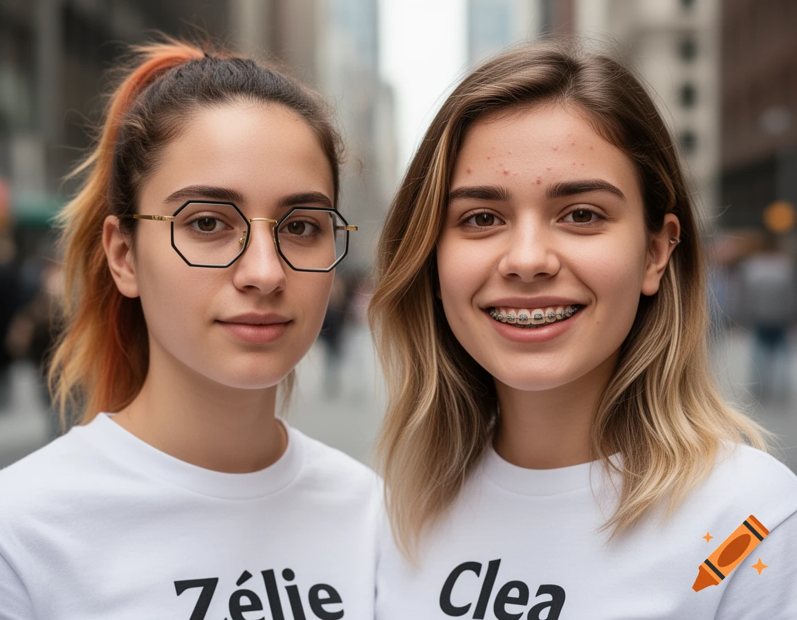 Two young women in an urban street. One with octagonal glasses and a shirt reading 'Zélie', the other with braces and a shirt reading 'Clea'.