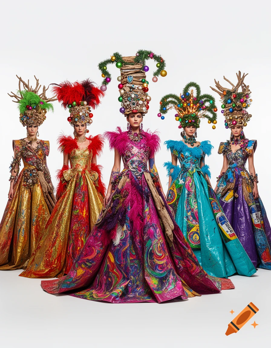 Five models in elaborate, colorful haute couture dresses made from recycled materials, featuring extravagant headpieces with feathers, baubles, and wood, on a white background.
