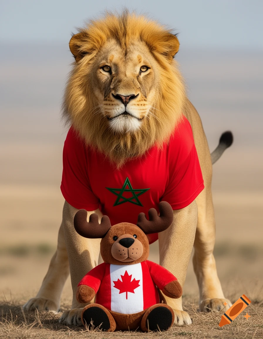 A male lion in a red shirt with a green Moroccan star stands behind a plush Canadian moose in a sandy landscape.