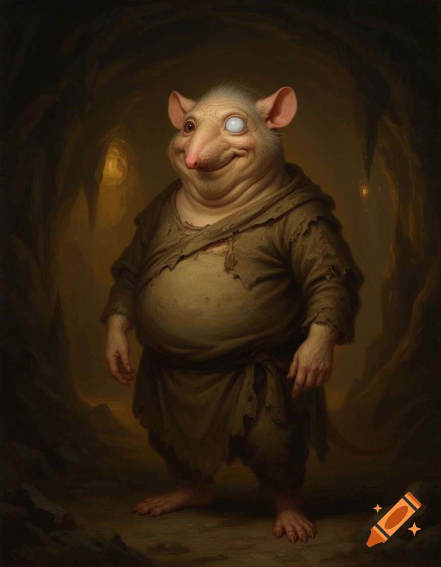 An oil painting portrait of a bloated, old, rat-humanoid creature with one white eye and a gentle smile, wearing ragged clothes in a dark cave.