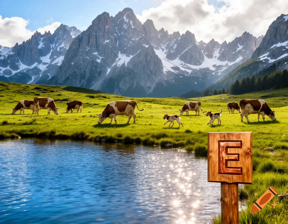 Photorealistic image of cows and dogs grazing in a sunny green meadow with a lake, snow-capped mountains, and a wooden sign carved with 'E'.