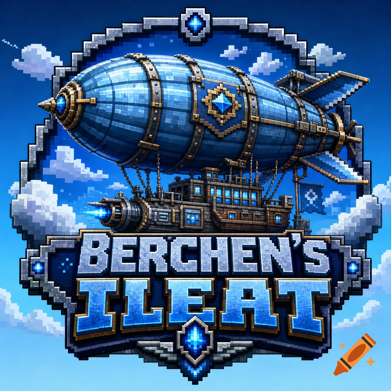 A pixel art logo for a game, featuring a blue metal airship floating in a blue sky, framed by a pixelated border, with the text "BERCHEN'S ILEAT" below it.