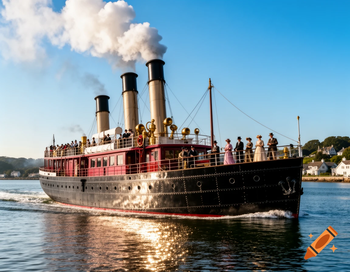 A historic black and red steamship with three smokestacks emits white smoke, carrying passengers in period attire on sunny blue waters.