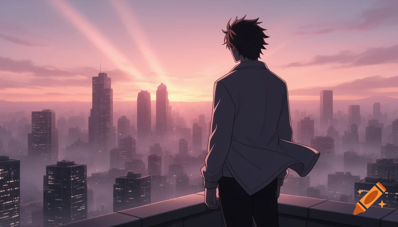 An anime man's silhouette stands on a rooftop, looking out at a sprawling city bathed in the warm, pink hues of dawn.