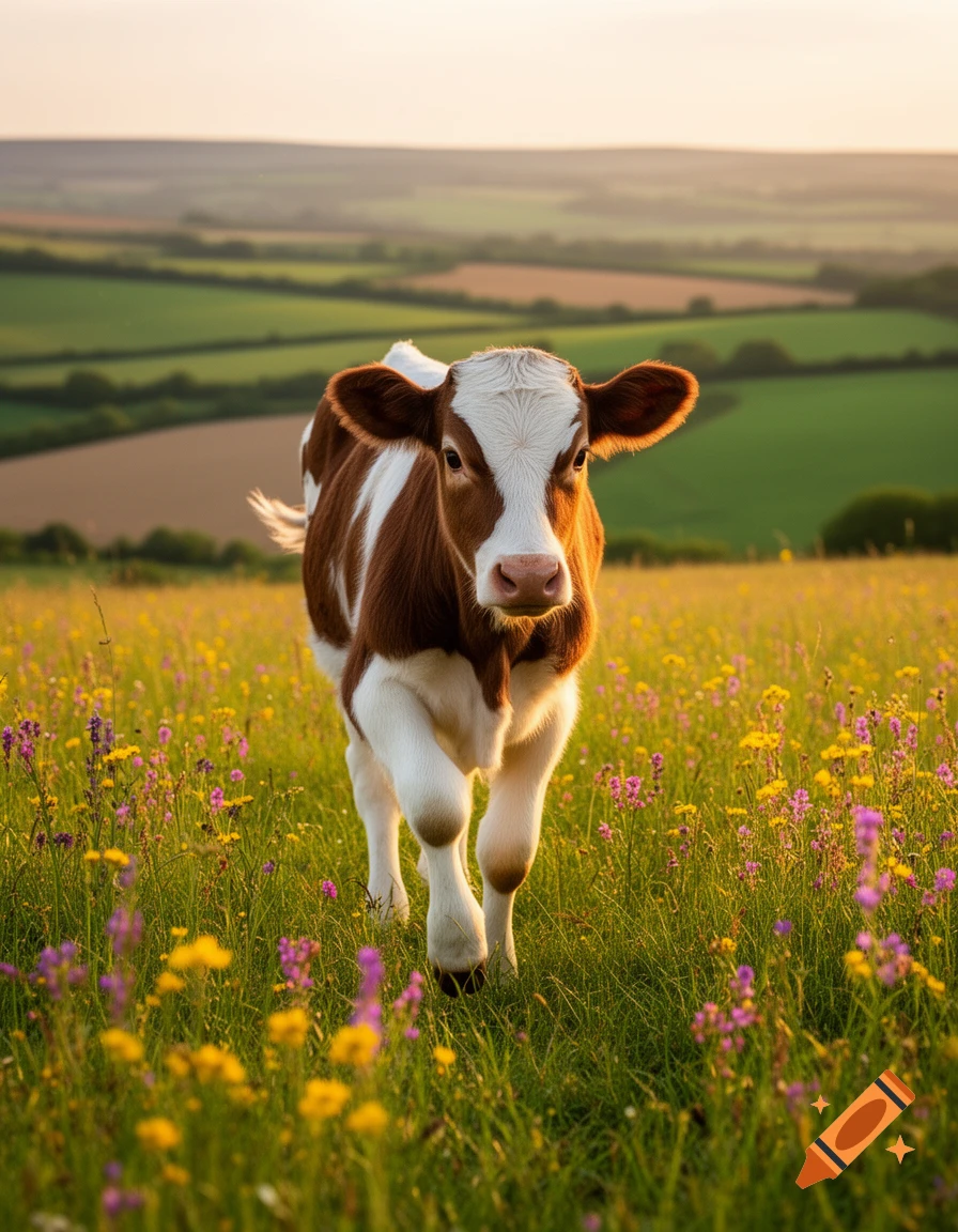 A cute brown and white calf walks through a sunlit field of green grass and colorful wildflowers.