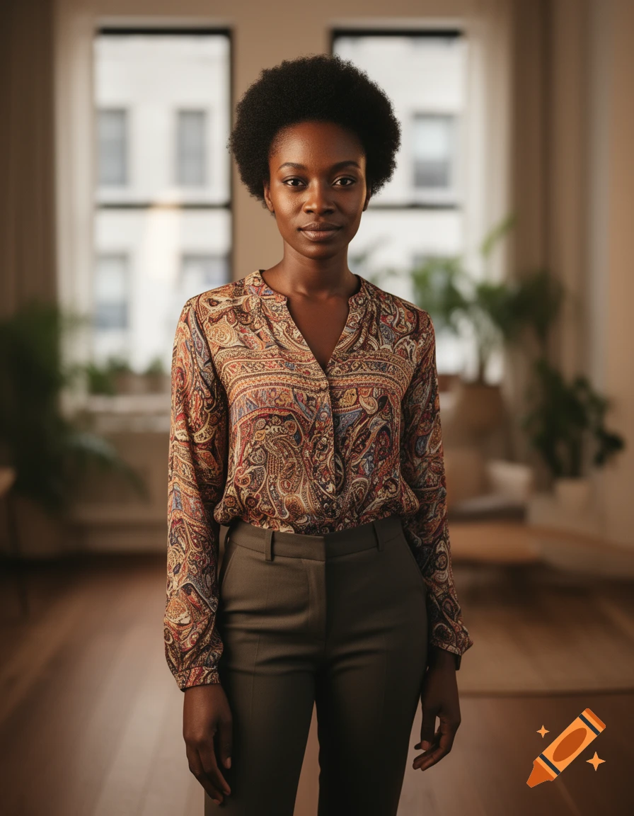 A photorealistic portrait of a Black woman with an afro, wearing a paisley blouse and dark pants, standing indoors.