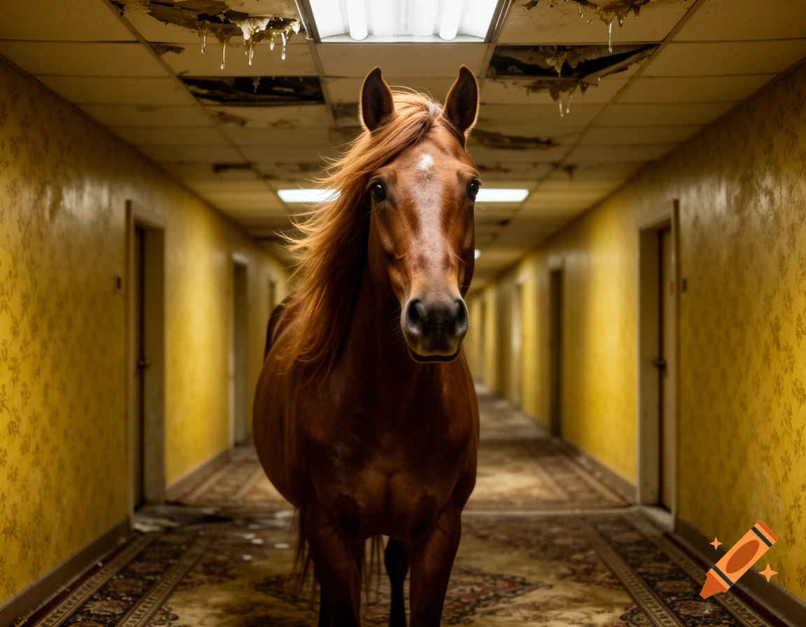 A brown horse stands in a long, dimly lit, dilapidated hallway with yellow patterned wallpaper and a broken ceiling, looking directly at the viewer.