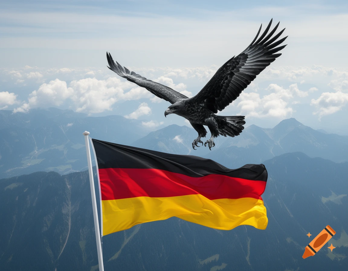A black eagle with outstretched wings flies over a German flag waving above a mountain range under a cloudy sky.