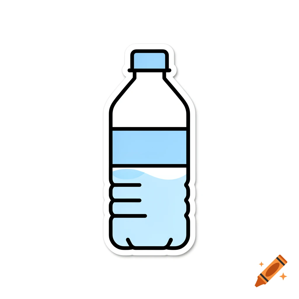 Simple cartoon sticker of a plastic water bottle with a blue cap and light blue water, outlined in black.