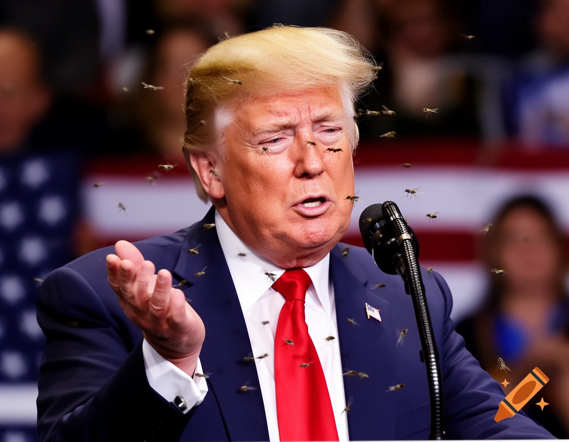 Close-up of Donald Trump speaking at a podium, looking annoyed as numerous flies swarm around his face and body.