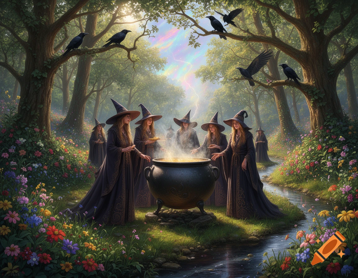 Witches and ravens stand around a steaming cauldron in a lush, magical forest with a rainbow sky, flowers, and a flowing stream.