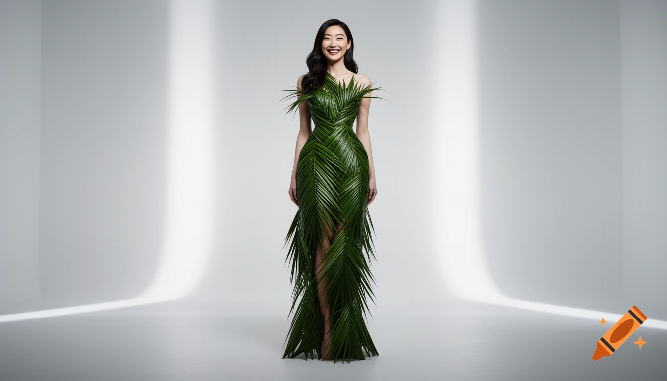 Photorealistic full-body shot of a smiling Japanese woman wearing a high-fashion dress made entirely from green palm leaves in a modern studio.