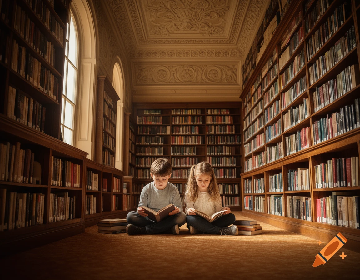Two children sit on the floor of a grand library, reading books. Tall bookshelves and arched windows fill the room.