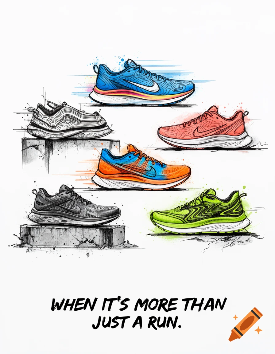 Minimalist illustration of six colorful running shoes in a dynamic arrangement with the text 'WHEN IT’S MORE THAN JUST A RUN.'