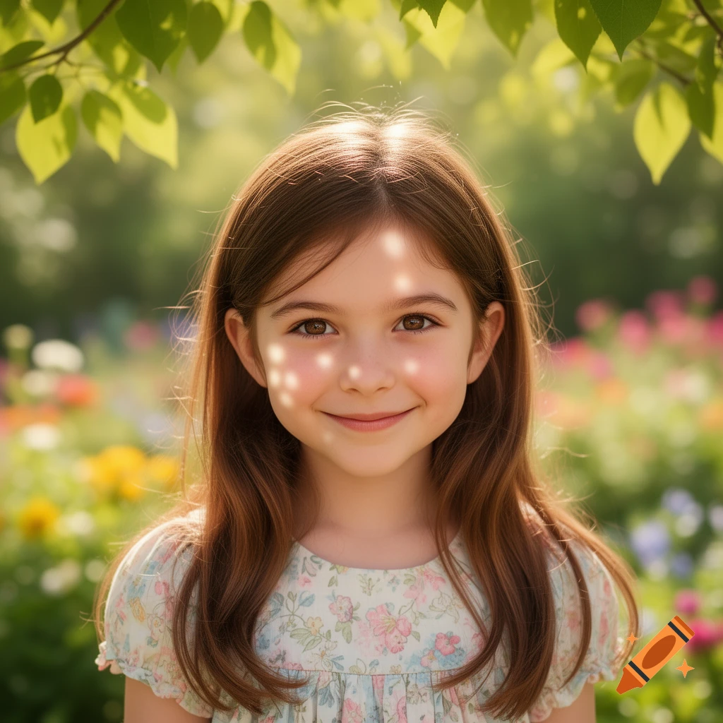 A smiling young girl with long brown hair stands in a sunny garden with dappled light on her face, wearing a floral dress.