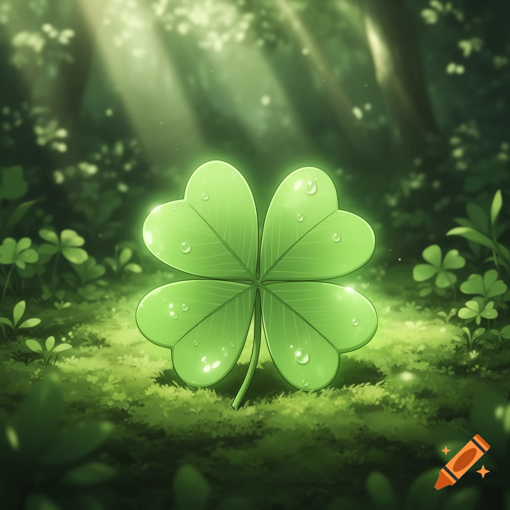 A vibrant, glowing four-leaf clover with dewdrops stands in a lush, sun-dappled green forest.