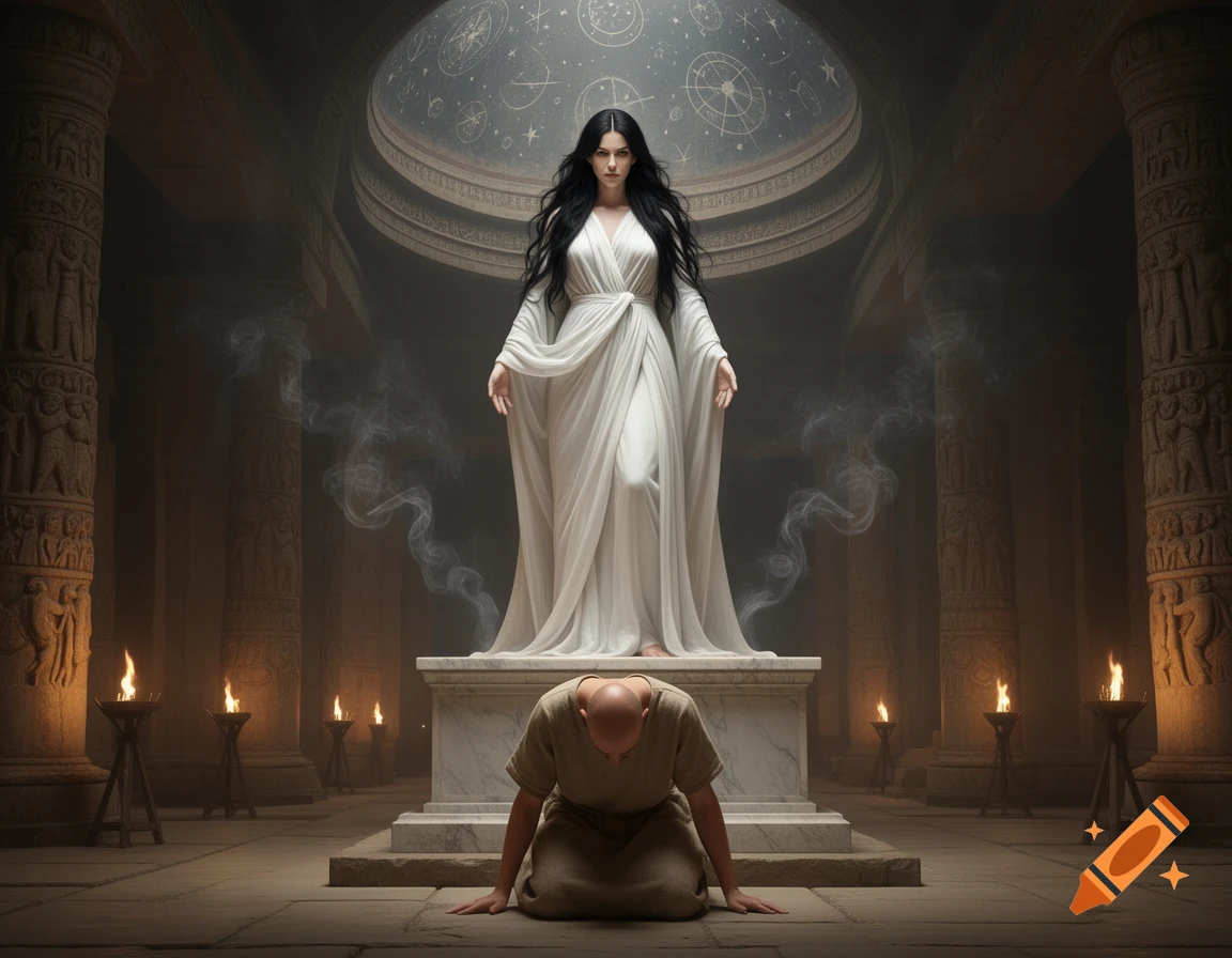 A black-haired goddess in white stands on a pedestal, looking down at a kneeling bald man in a grand temple.