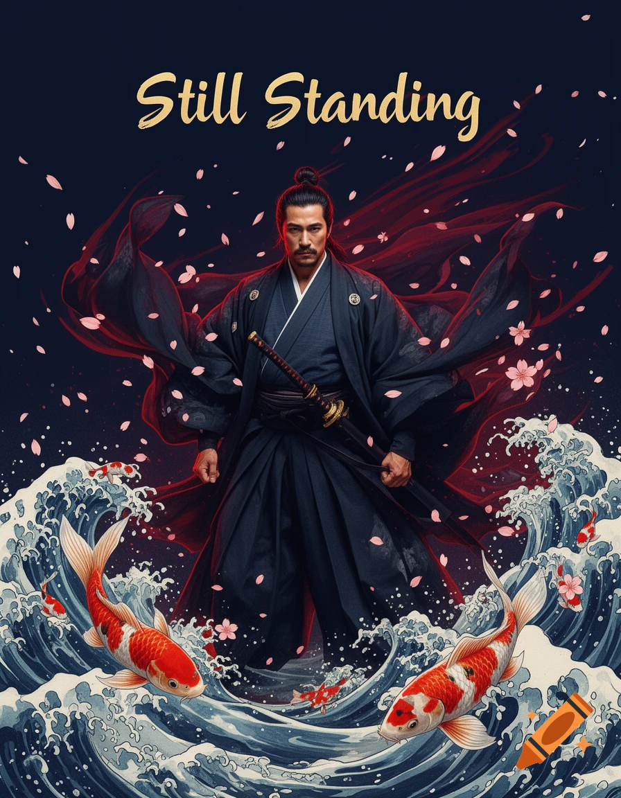 A powerful samurai stands in a dramatic pose amidst crashing waves and koi fish, with sakura petals and the text "Still Standing."