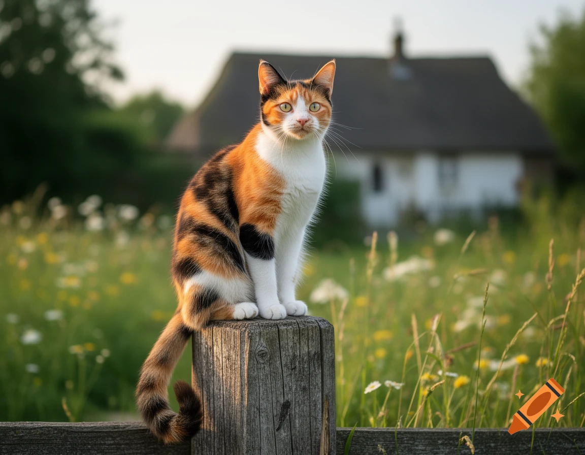 A photorealistic calico cat sits on a wooden fence post in a sunny grassy field with a blurred house in the background.