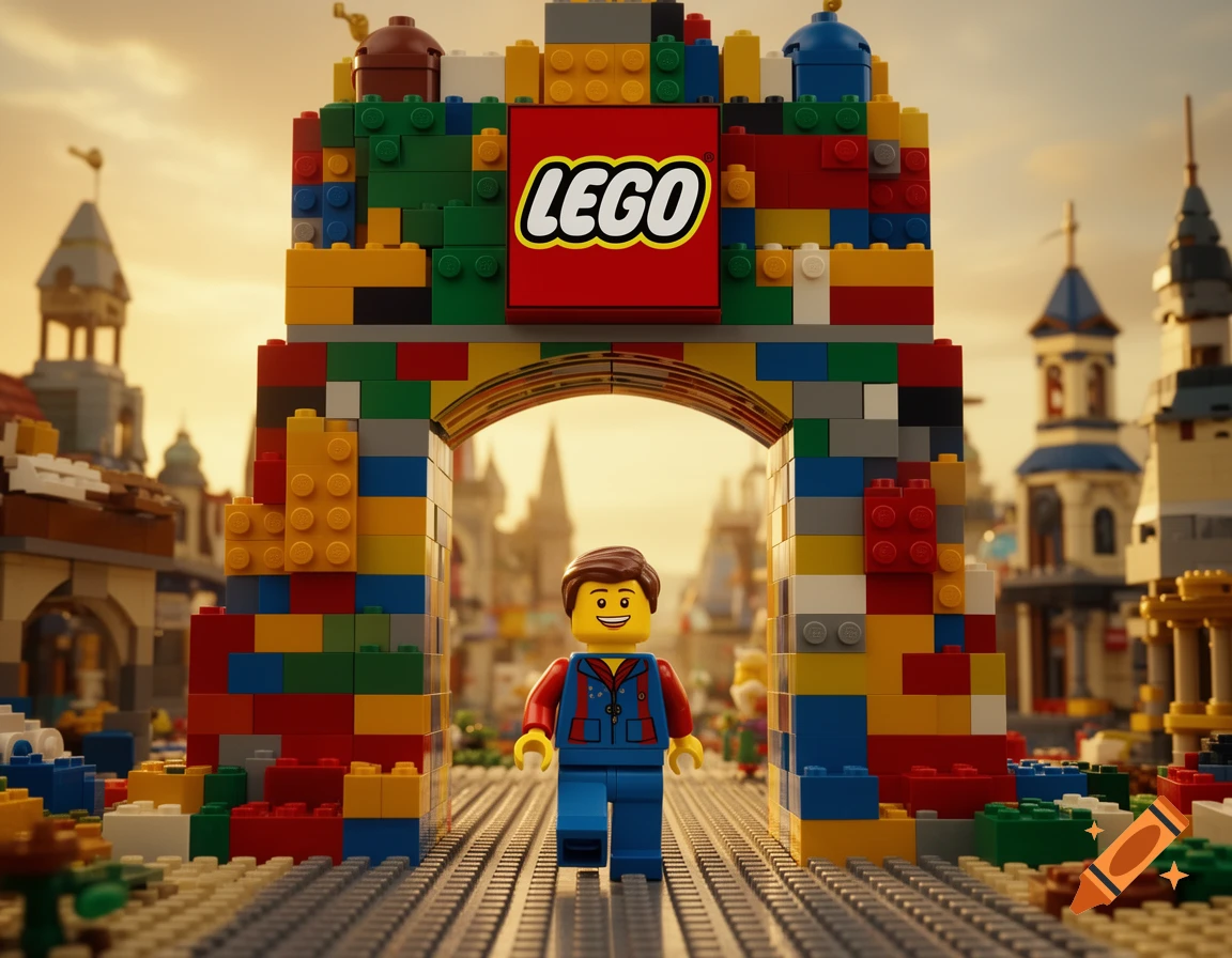 A smiling LEGO minifigure walks through a colorful LEGO archway, with a LEGO cityscape in the background at sunset.