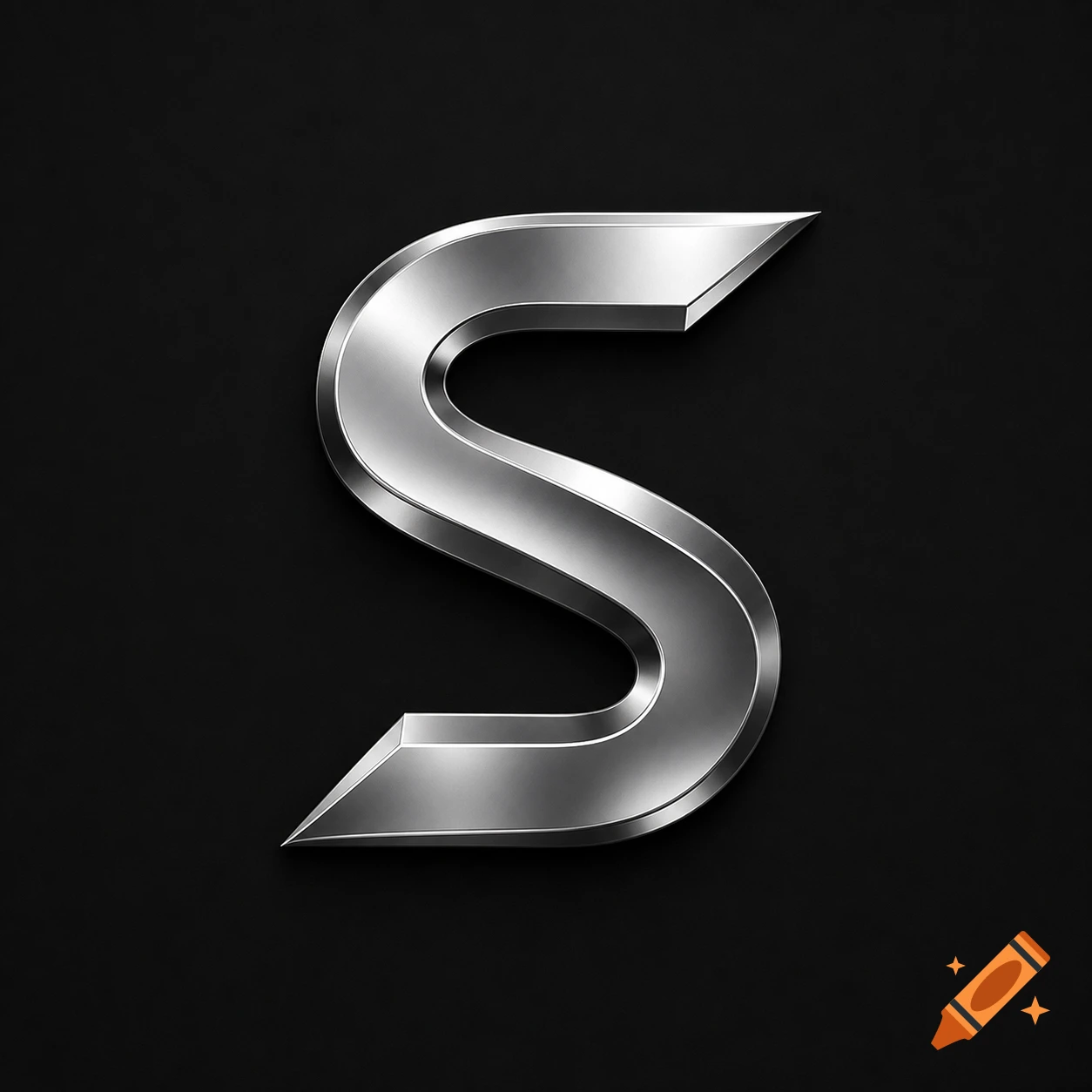A shiny metallic 3D letter S logo on a black background.