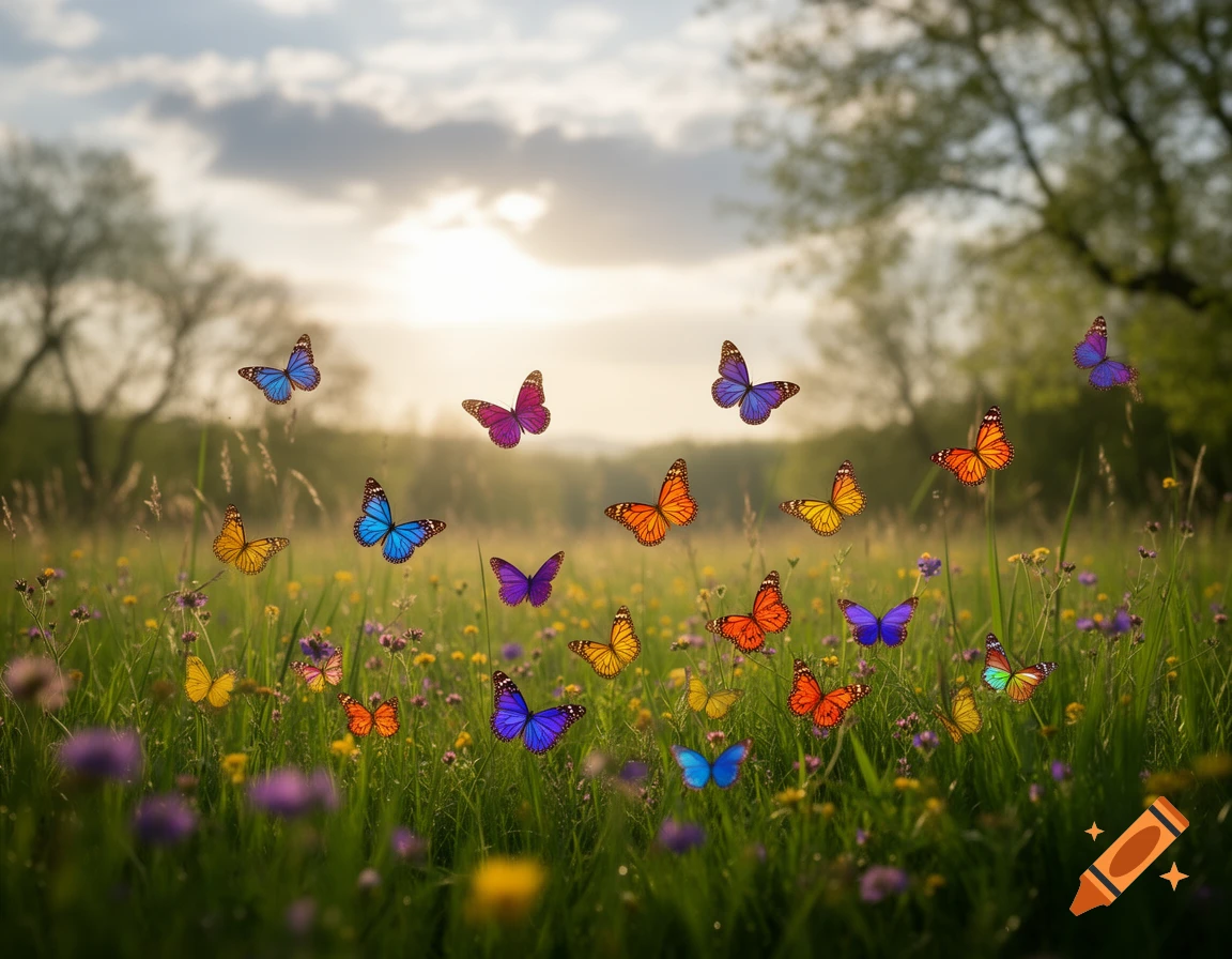 Numerous colorful butterflies flutter above a vibrant green and yellow meadow under a cloudy sky with a bright sun.