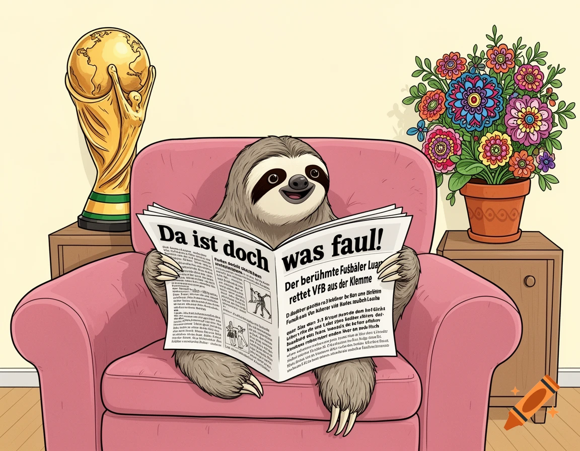 A cartoon sloth in a pink armchair reads a newspaper titled 'Da ist doch was faul!', with a golden World Cup trophy and a potted plant nearby.