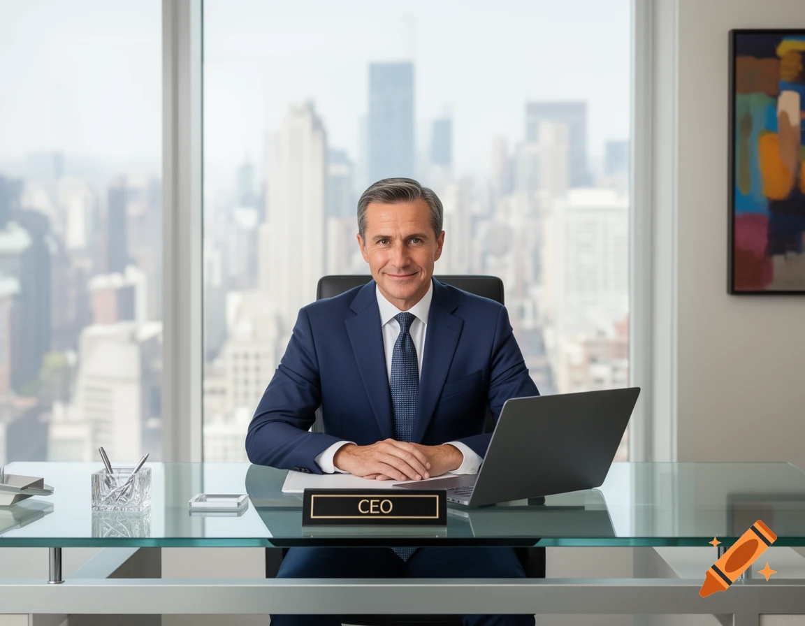 A smiling male CEO in a blue suit sits at a glass desk in a modern high-rise office with a city skyline view.
