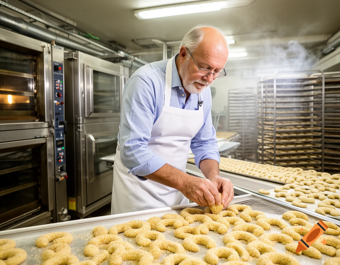 An older man in an apron and glasses bakes vanilla crescent cookies on trays in a commercial bakery kitchen.