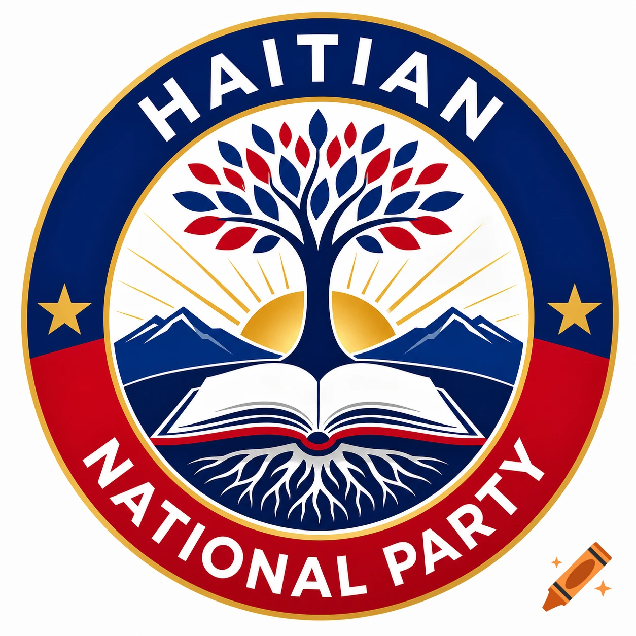 Circular Haitian National Party emblem with a tree, open book, mountains, and rising sun in blue, red, white, and gold.