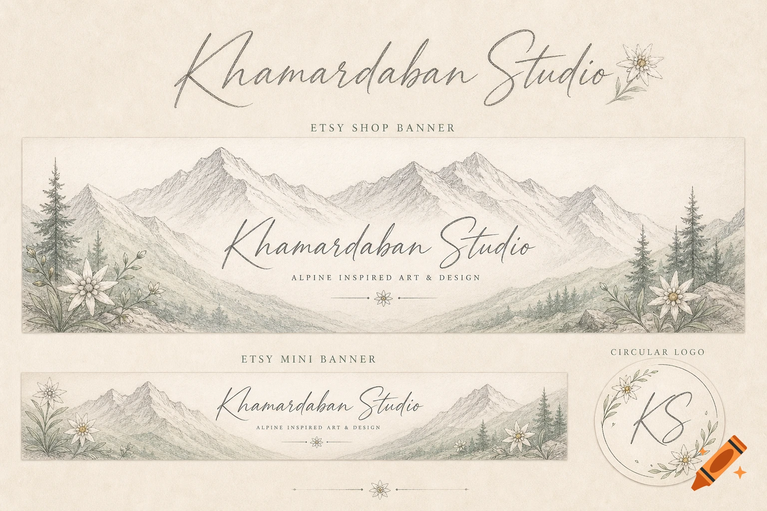 Delicate hand-drawn branding sheet for Khamardaban Studio, with alpine mountains, edelweiss flowers, banners, and KS logo.