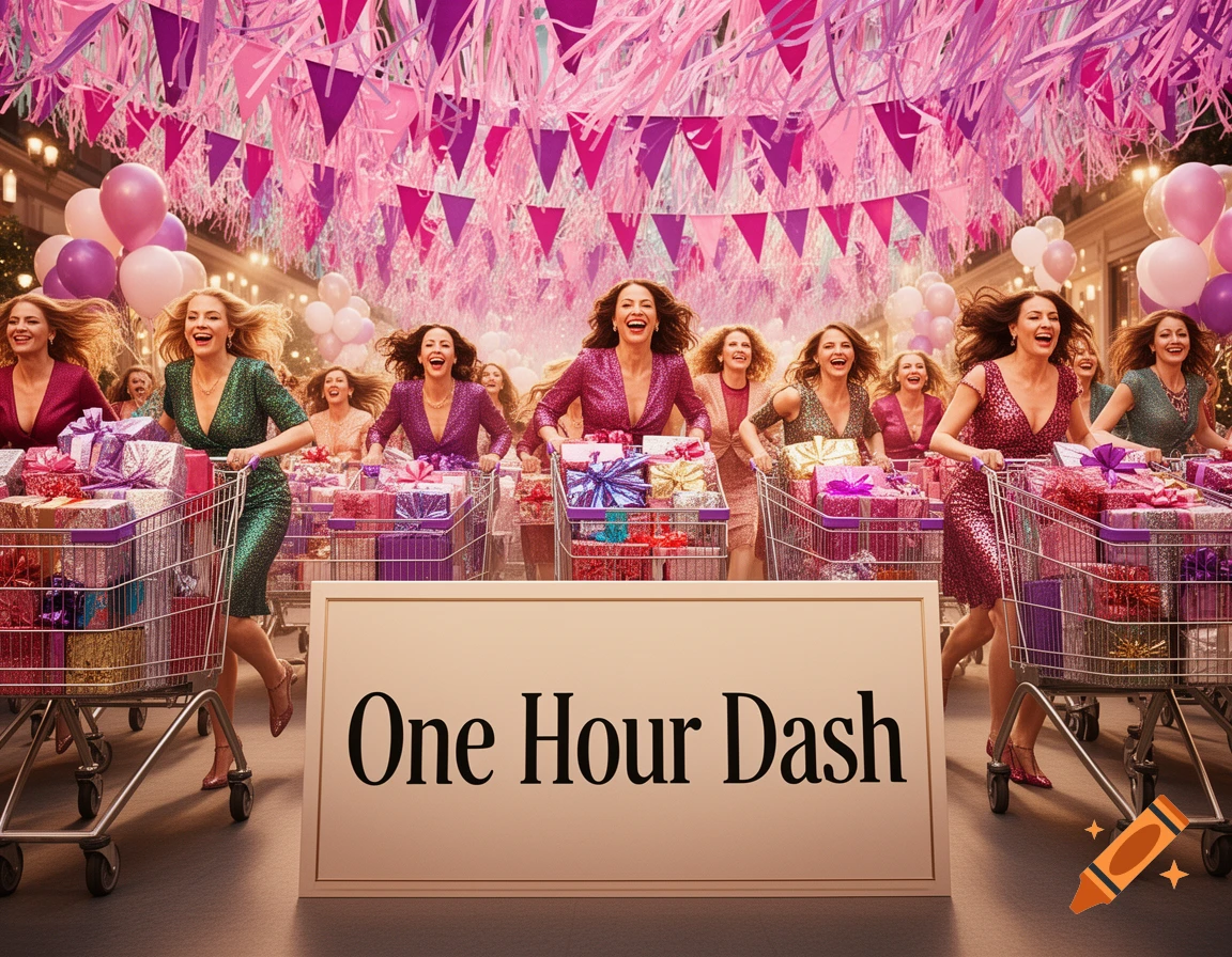 Cheerful women in dresses dash with shopping carts full of gifts in a festive pink and purple decorated setting, with a 'One Hour Dash' sign.