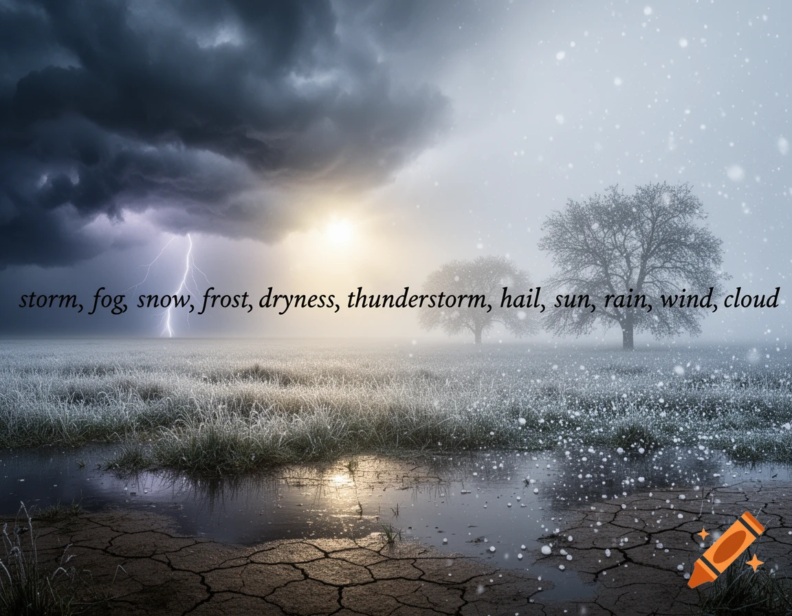 A landscape showing diverse weather: storm clouds, lightning, sun, fog, falling snow, frost, and cracked earth. Words listing weather types are overlaid.