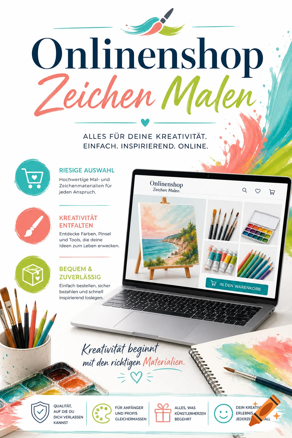 An advertisement for an online art supply shop, featuring a laptop displaying the shop, surrounded by paint sets, brushes, and colored pencils.