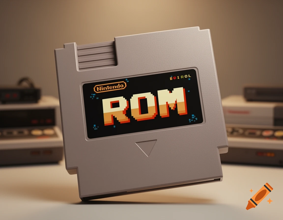 A close-up, photorealistic image of a vintage grey Nintendo NES game cartridge with a black label featuring "ROM" in large, pixelated orange and yellow letters, and a smaller "Nintendo" logo above it. Blurred retro consoles are in the background.