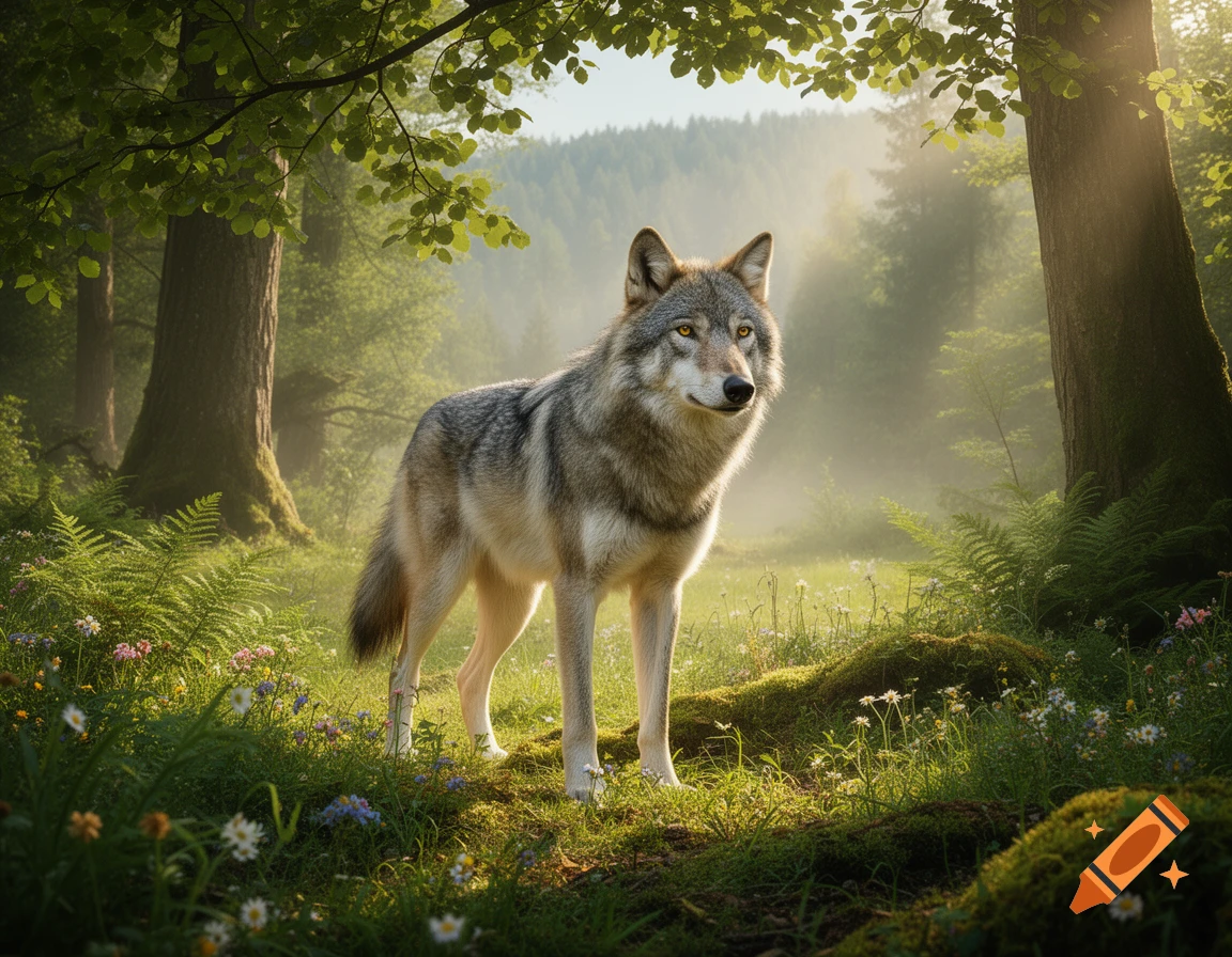 A photorealistic gray wolf stands in a sunlit forest clearing with green ferns and wildflowers.