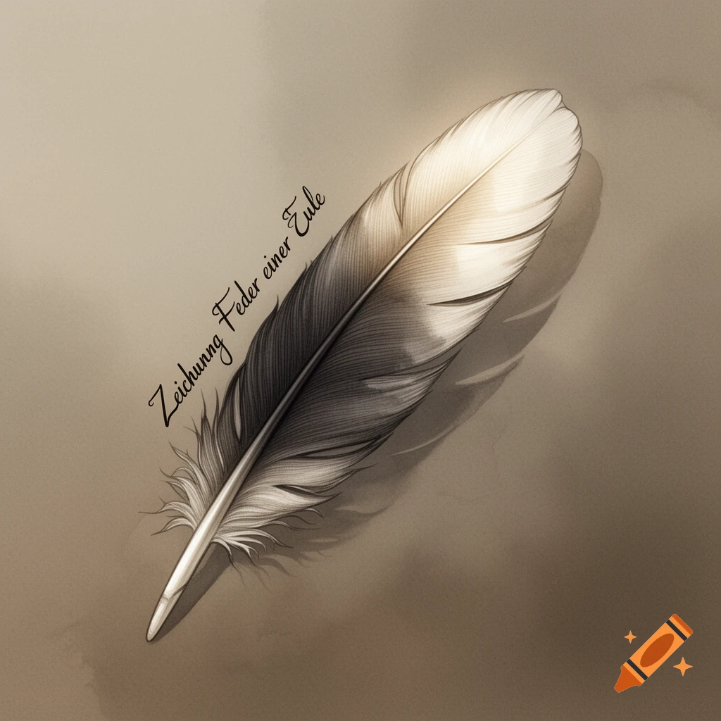Detailed illustration of an owl feather with German text 'Zeichnung Feder einer Eule' on a muted background.