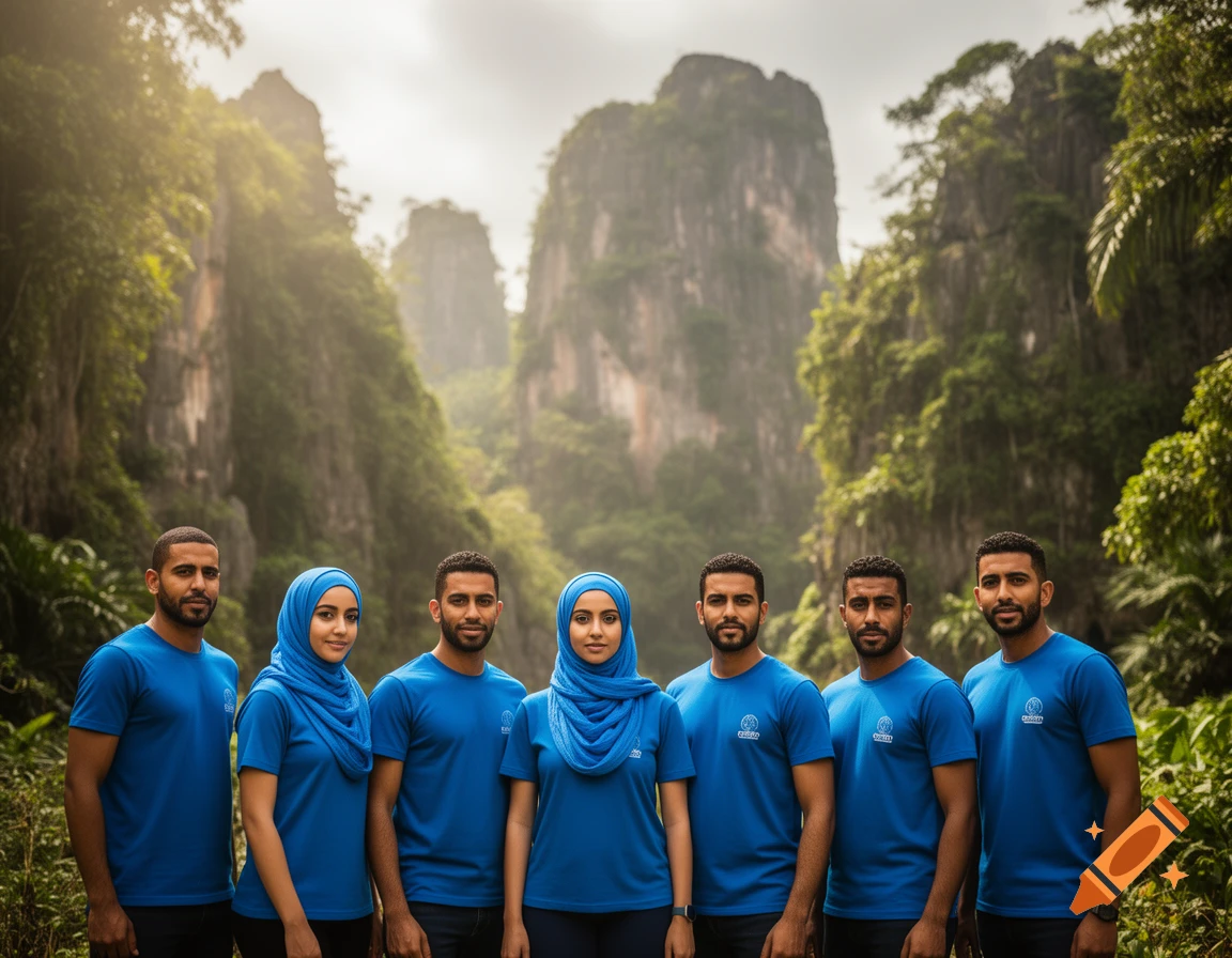 Six people, four men and two women in blue shirts and headscarves, stand in a lush, mountainous jungle landscape.