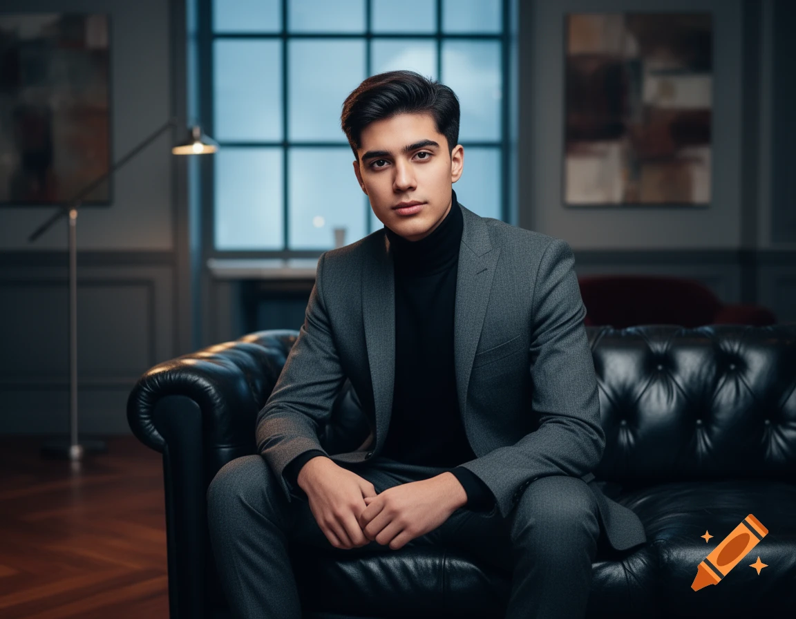 Young man in a gray suit and black turtleneck sits on a black leather couch in an elegant, dimly lit room.